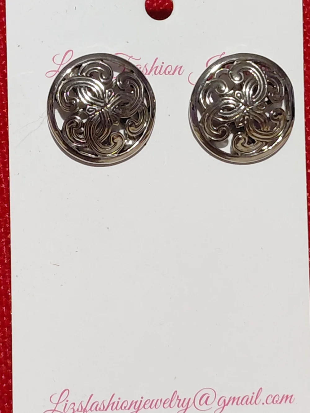 Silver Filigree Round Stud Earrings - Silver - Picture 2 of 2